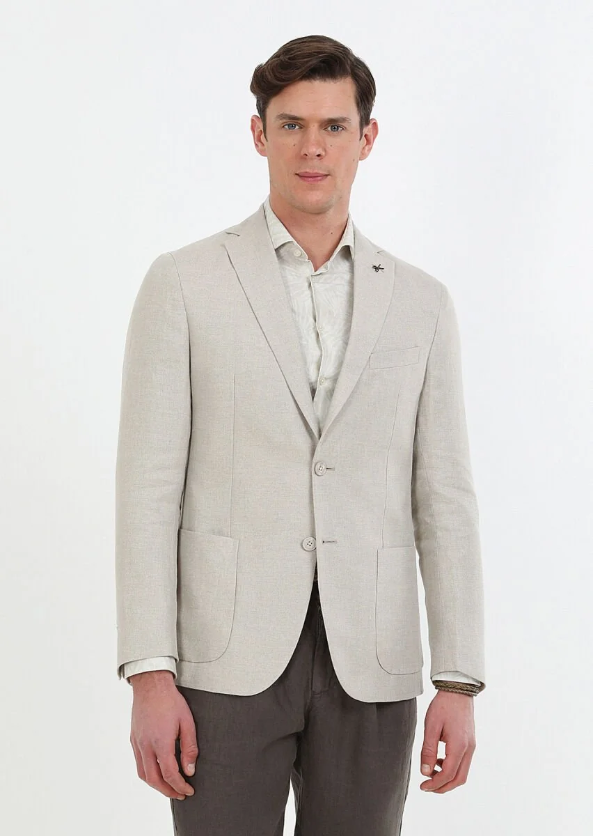 Bej Düz Zeroweight Slim Fit %100 Keten Ceket - 1