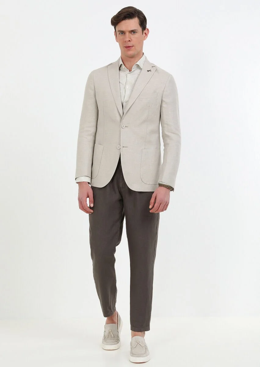 Bej Düz Zeroweight Slim Fit %100 Keten Ceket - 2