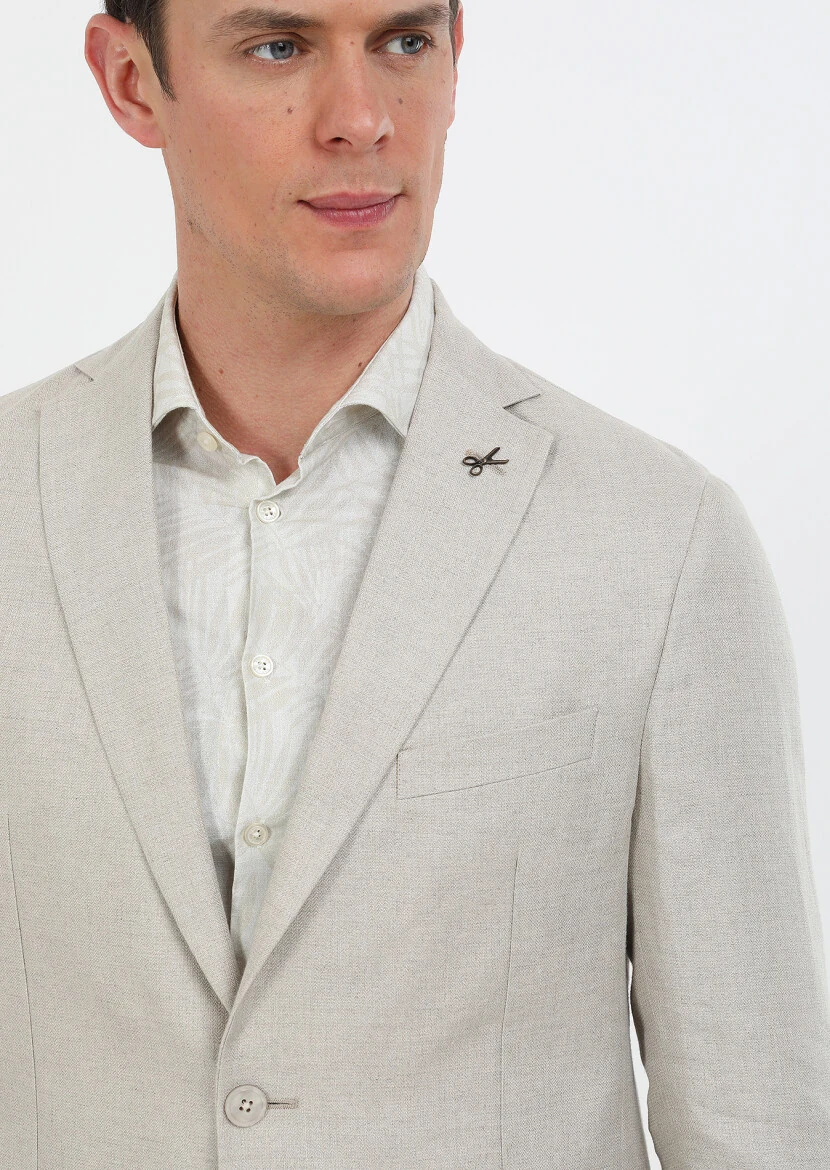 Bej Düz Zeroweight Slim Fit %100 Keten Ceket - 3