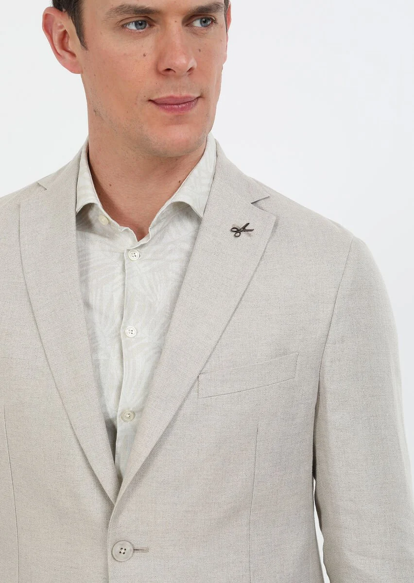 Bej Düz Zeroweight Slim Fit %100 Keten Ceket - 3