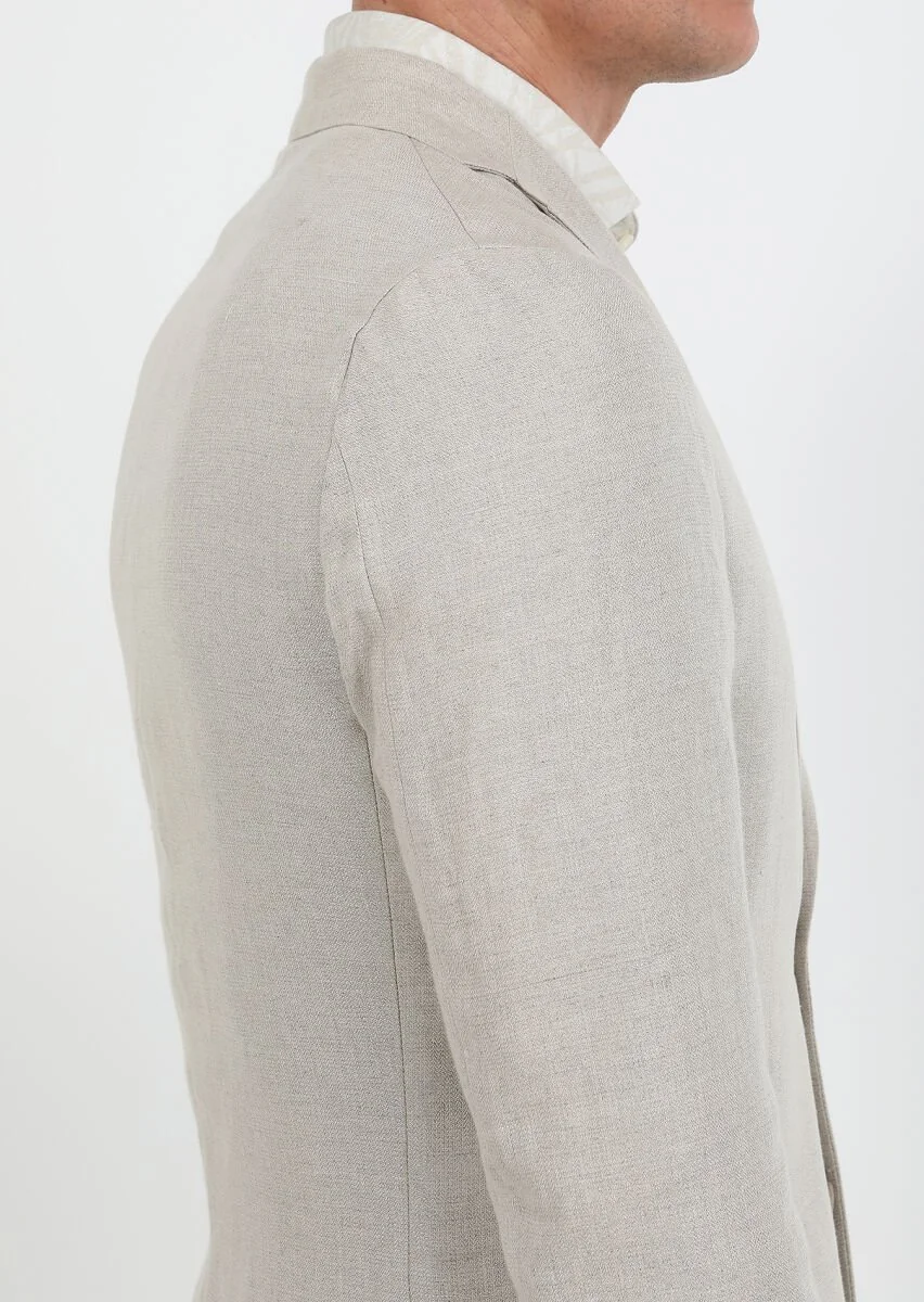 Bej Düz Zeroweight Slim Fit %100 Keten Ceket - 4