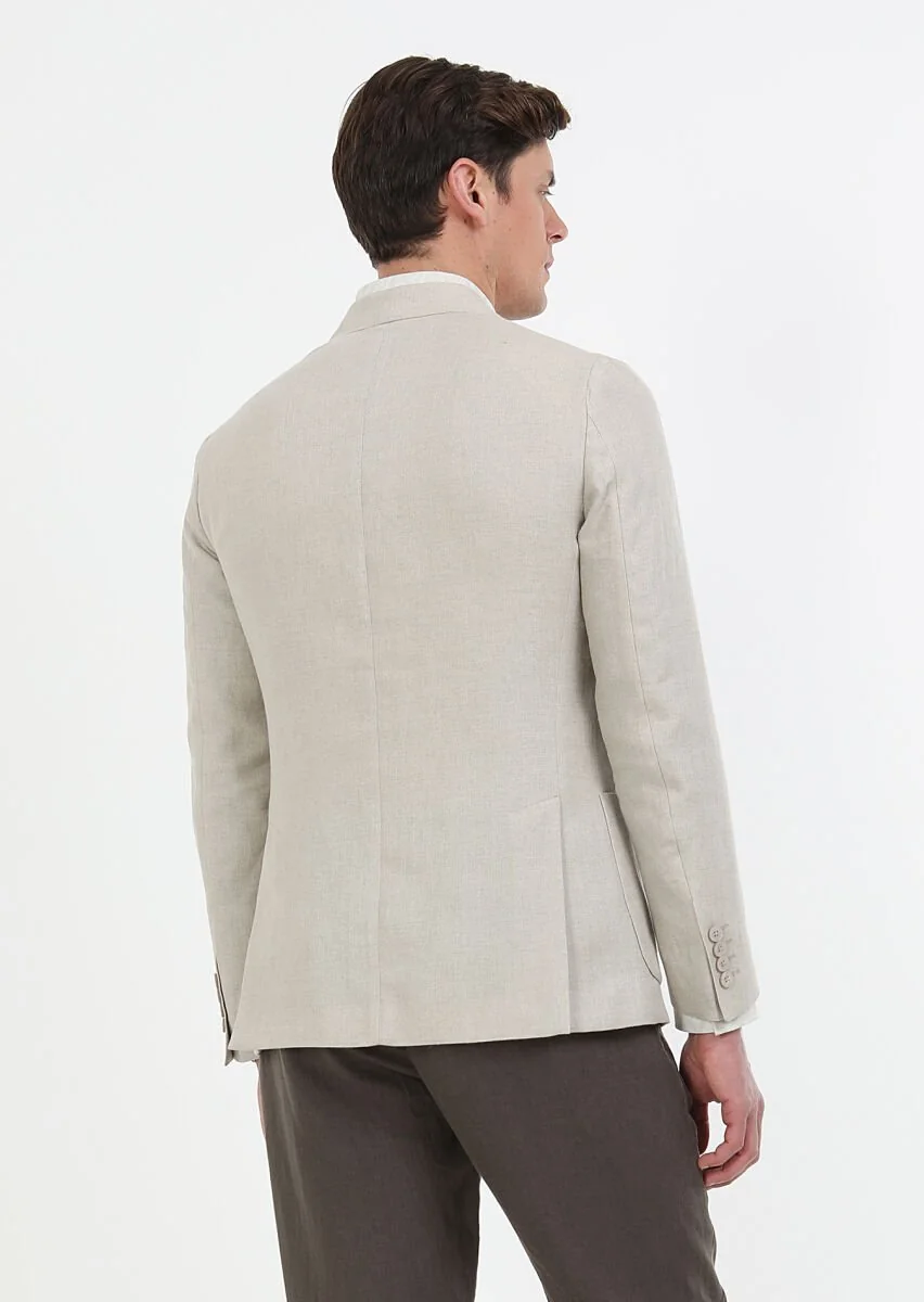 Bej Düz Zeroweight Slim Fit %100 Keten Ceket - 7
