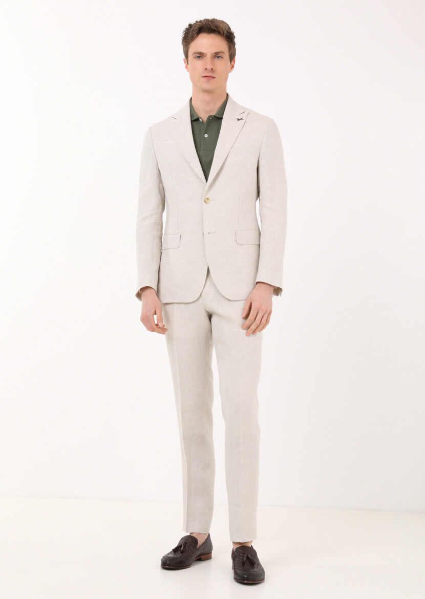 Bej Düz Zeroweight Slim Fit %100 Keten Takım Elbise 