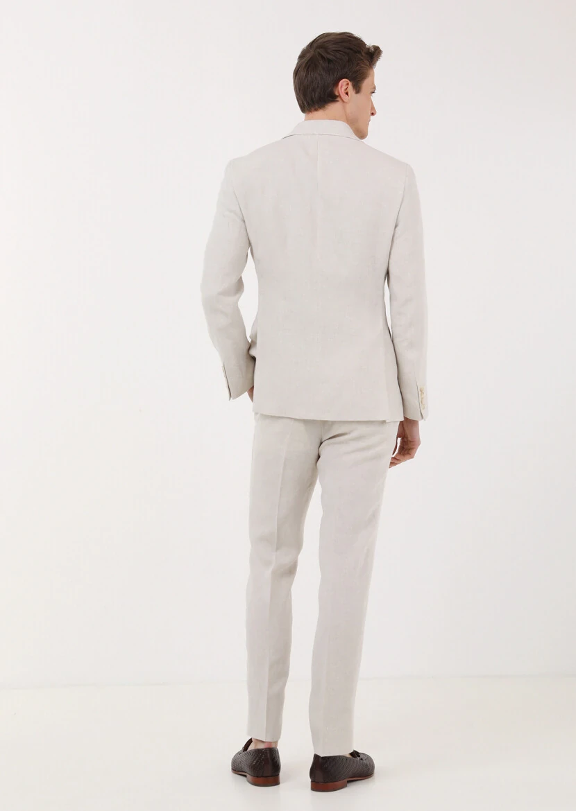 Bej Düz Zeroweight Slim Fit %100 Keten Takım Elbise - 4