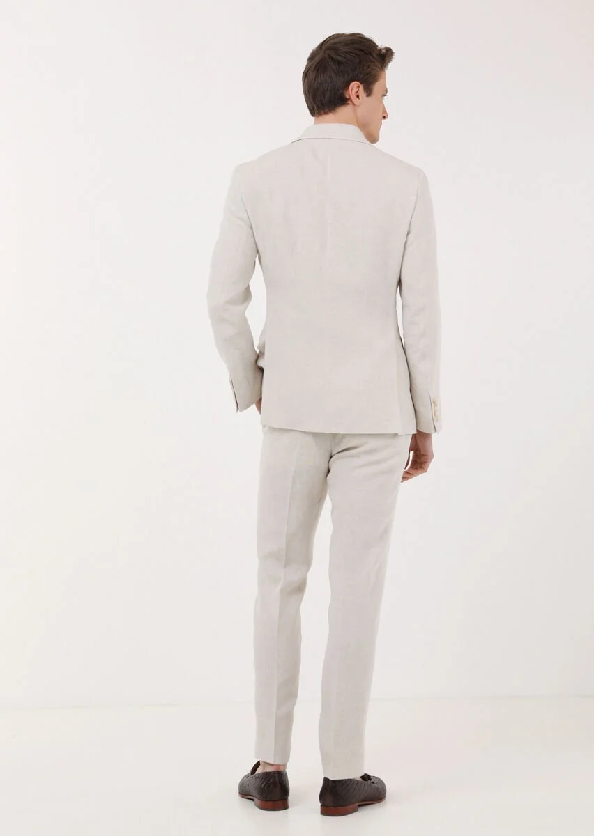 Bej Düz Zeroweight Slim Fit %100 Keten Takım Elbise - 4