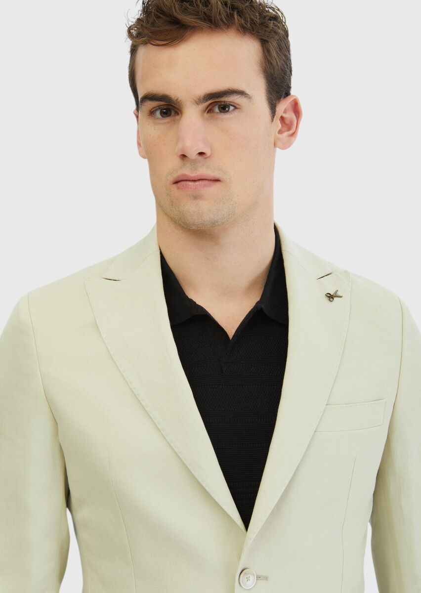 Bej Düz Zeroweight Slim Fit %100 Keten Takım Elbise - 1