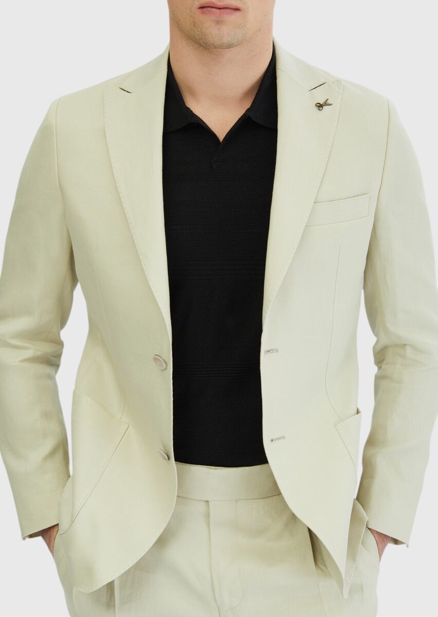 Bej Düz Zeroweight Slim Fit %100 Keten Takım Elbise - 4