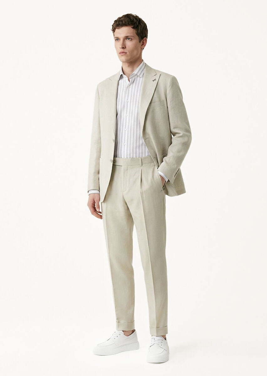 Bej Düz Zeroweight Slim Fit %100 Keten Takım Elbise - 2