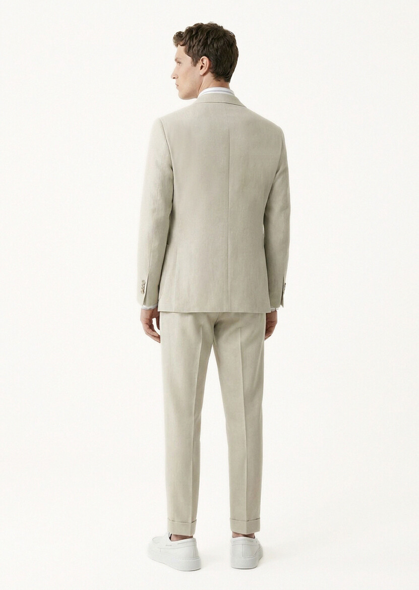 Bej Düz Zeroweight Slim Fit %100 Keten Takım Elbise - 5