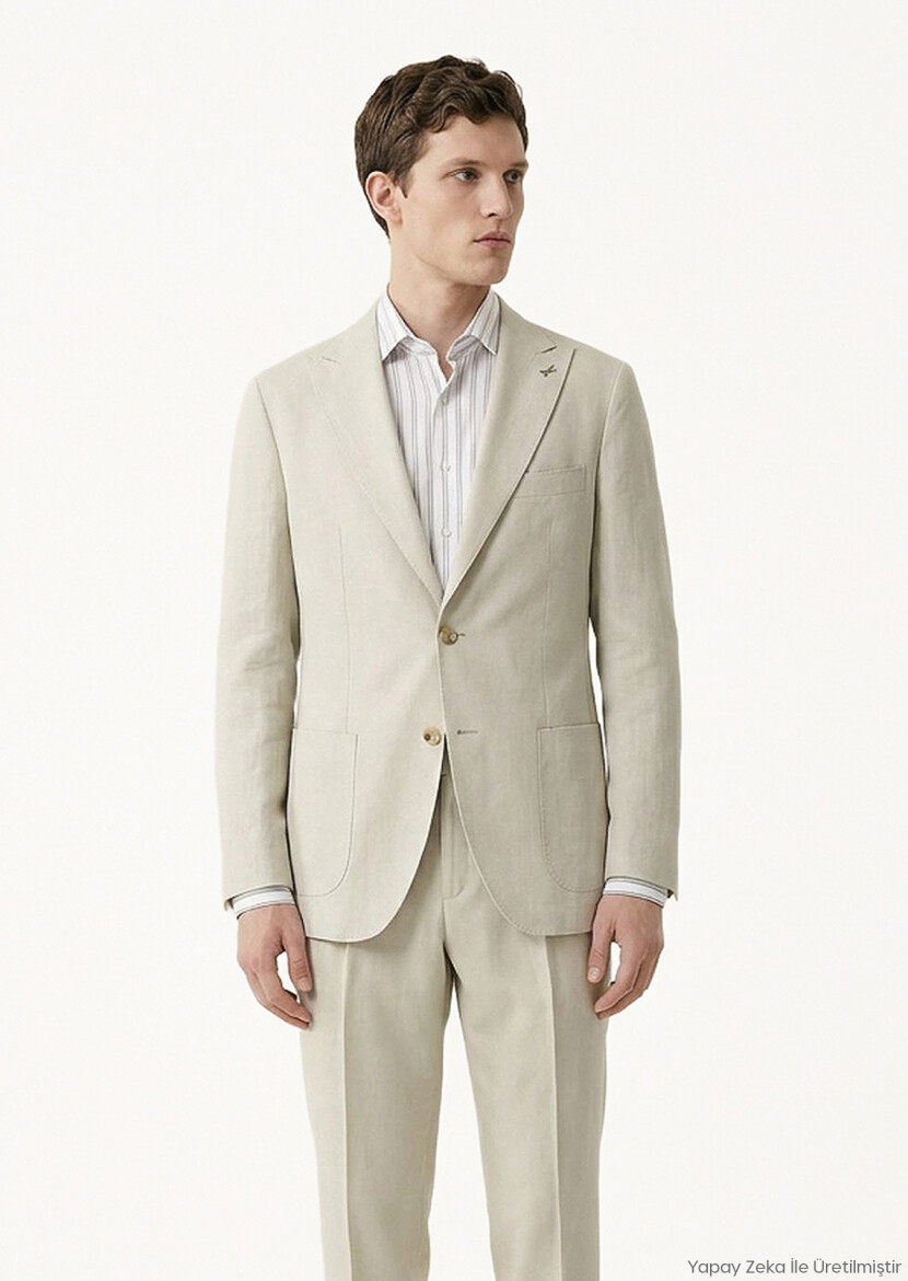 Bej Düz Zeroweight Slim Fit %100 Keten Takım Elbise 
