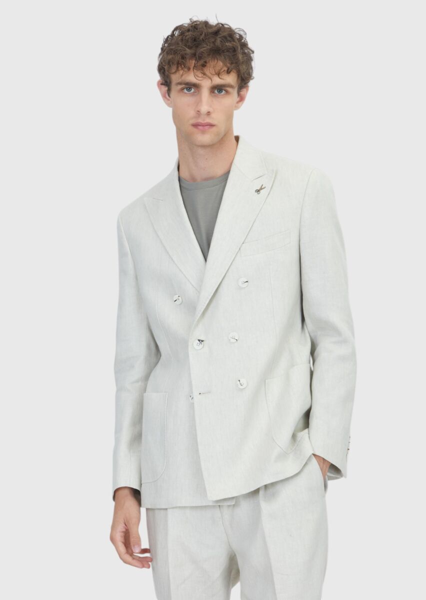 Bej Düz Zeroweight Slim Fit %100 Keten Takım Elbise - 1