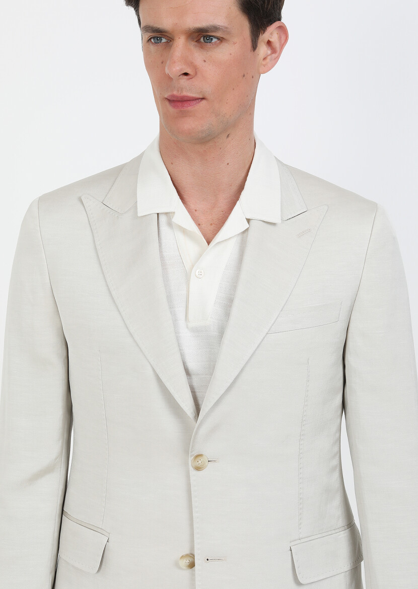Bej Düz Zeroweight Slim Fit Pamuk Karışımlı Takım Elbise - 2