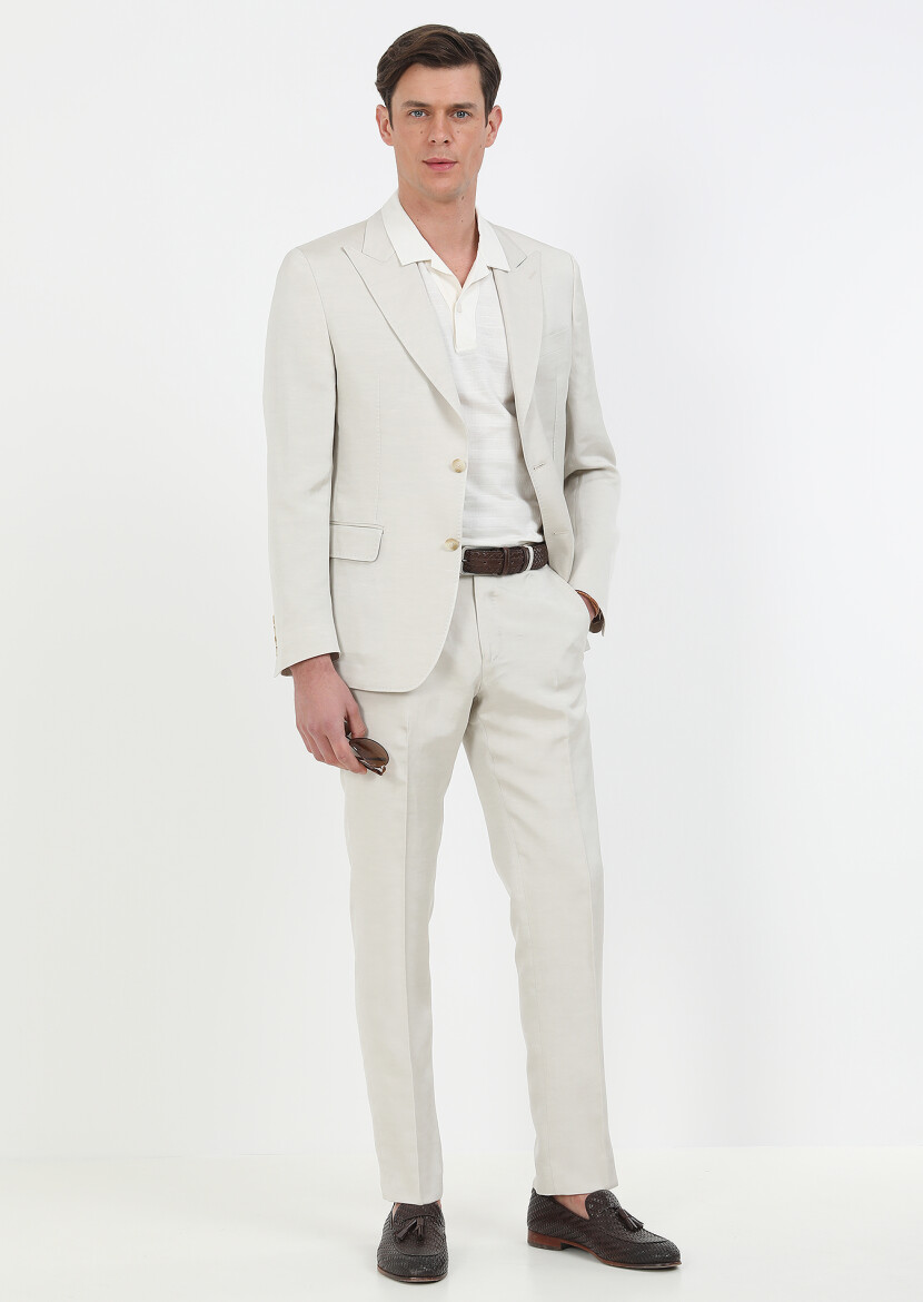 Bej Düz Zeroweight Slim Fit Pamuk Karışımlı Takım Elbise - 4