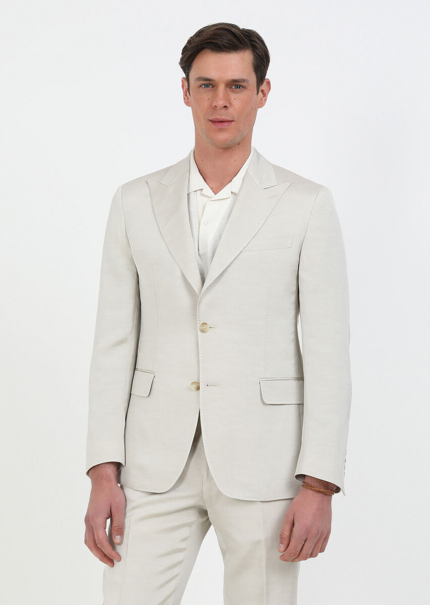 Bej Düz Zeroweight Slim Fit Pamuk Karışımlı Takım Elbise - 6