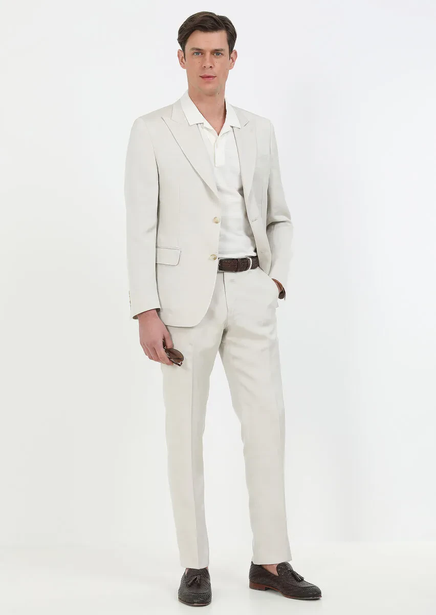 Bej Düz Zeroweight Slim Fit Pamuk Karışımlı Takım Elbise - 4