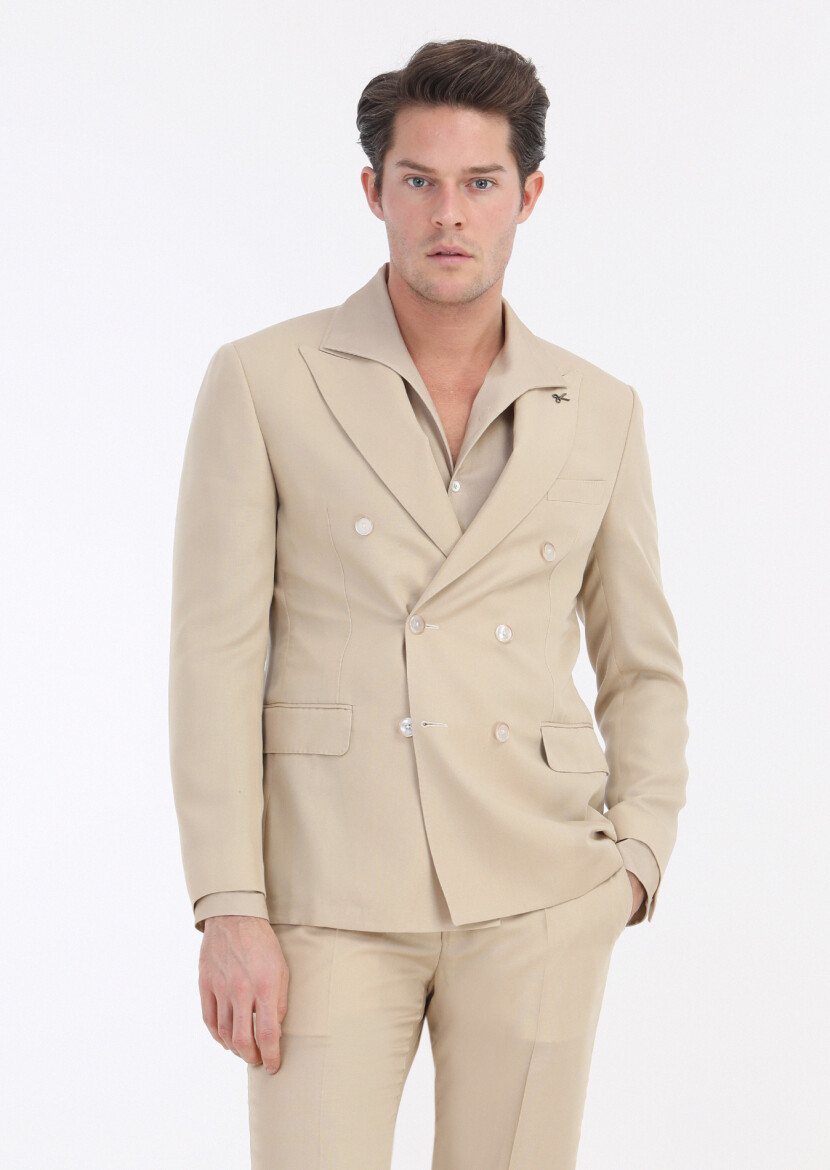 Bej Düz Zeroweight Slim Fit Takım Elbise 