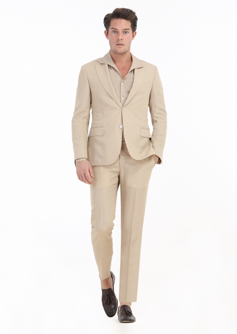 Bej Düz Zeroweight Slim Fit Takım Elbise 