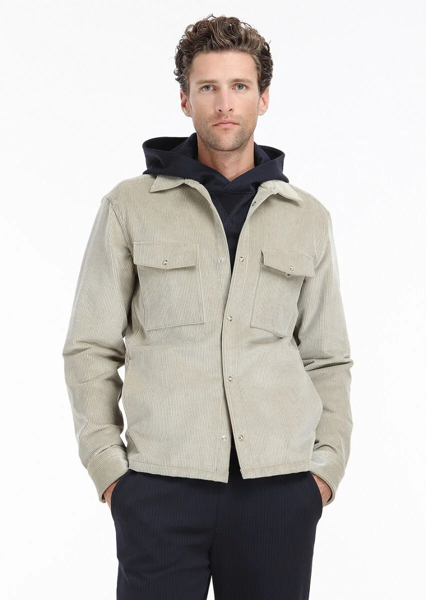 Bej Fitilli Casual Fit Dokuma Kadife %100 Pamuk Overshırt - 2