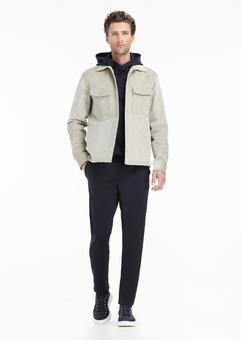 Bej Fitilli Casual Fit Uzun Dokuma Kadife %100 Pamuk Overshırt - 1