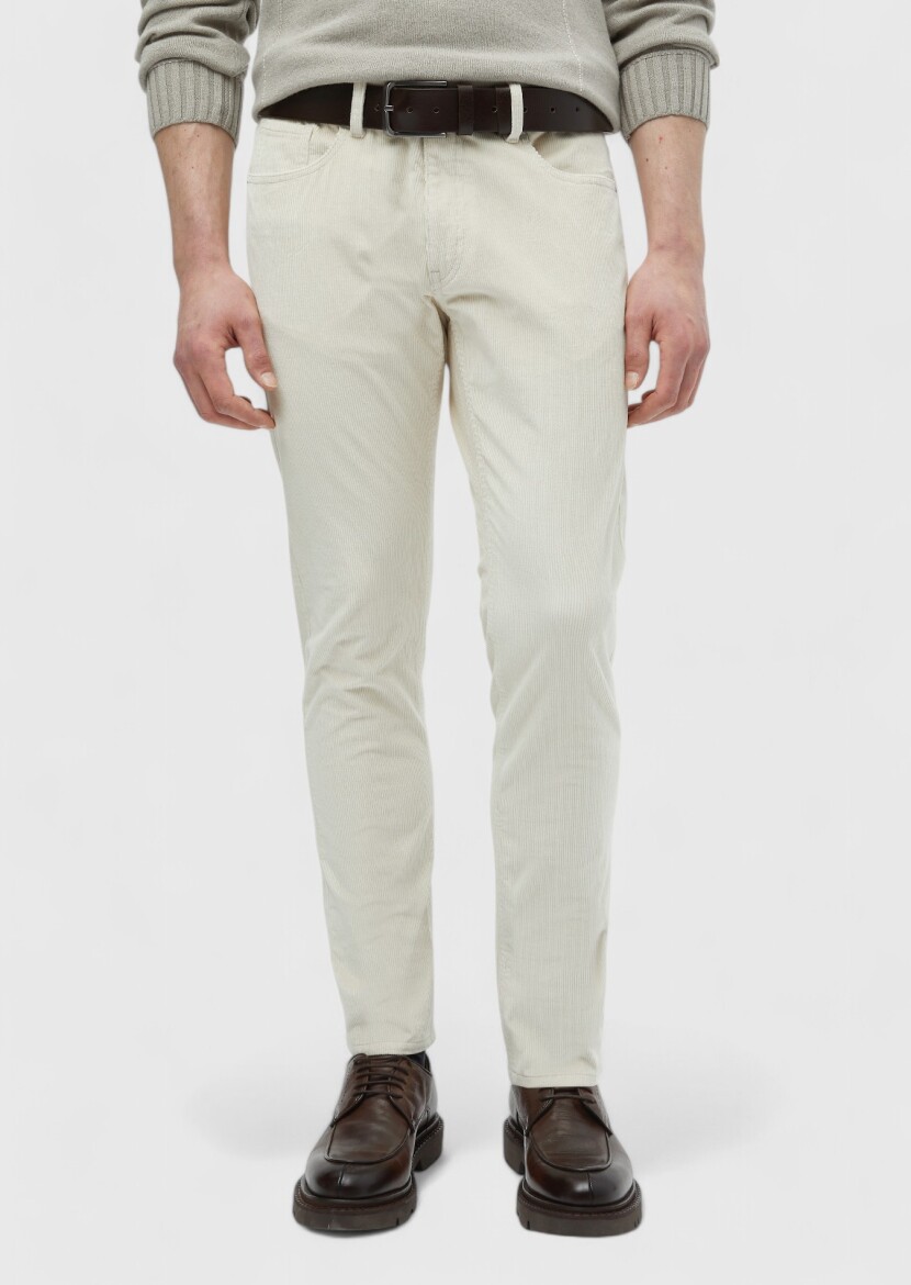 Bej Fitilli Dokuma Slim Fit Kadife Casual Pamuk Karışımlı Pantolon 