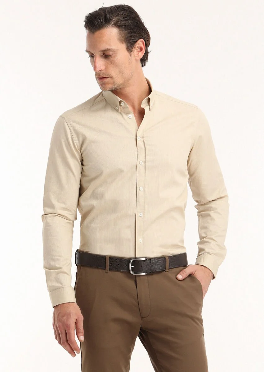 Bej Fitilli Regular Fit Dokuma Casual %100 Pamuk Gömlek - 2
