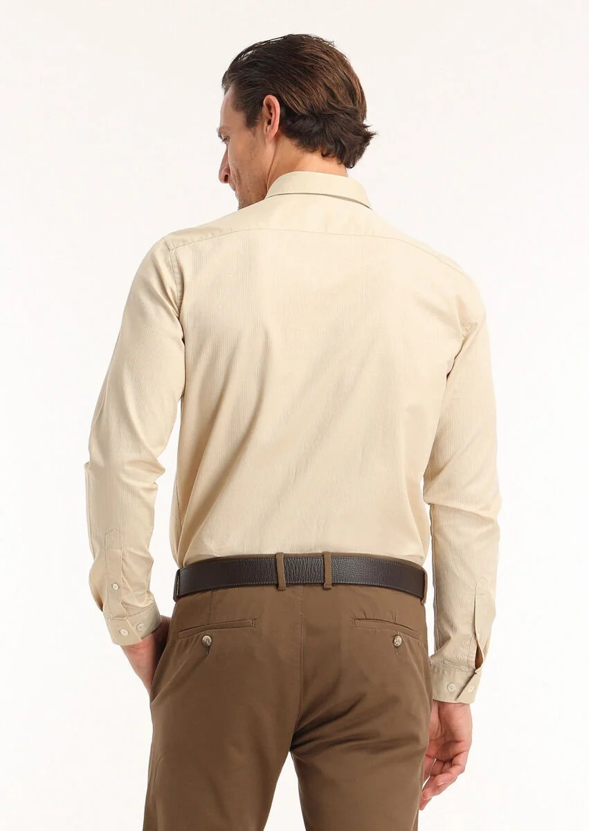 Bej Fitilli Regular Fit Dokuma Casual %100 Pamuk Gömlek - 4