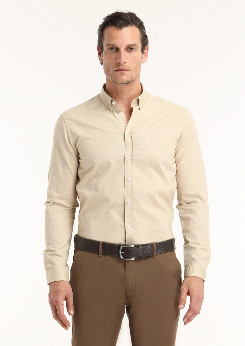 Bej Fitilli Regular Fit Dokuma Casual %100 Pamuk Gömlek - 5