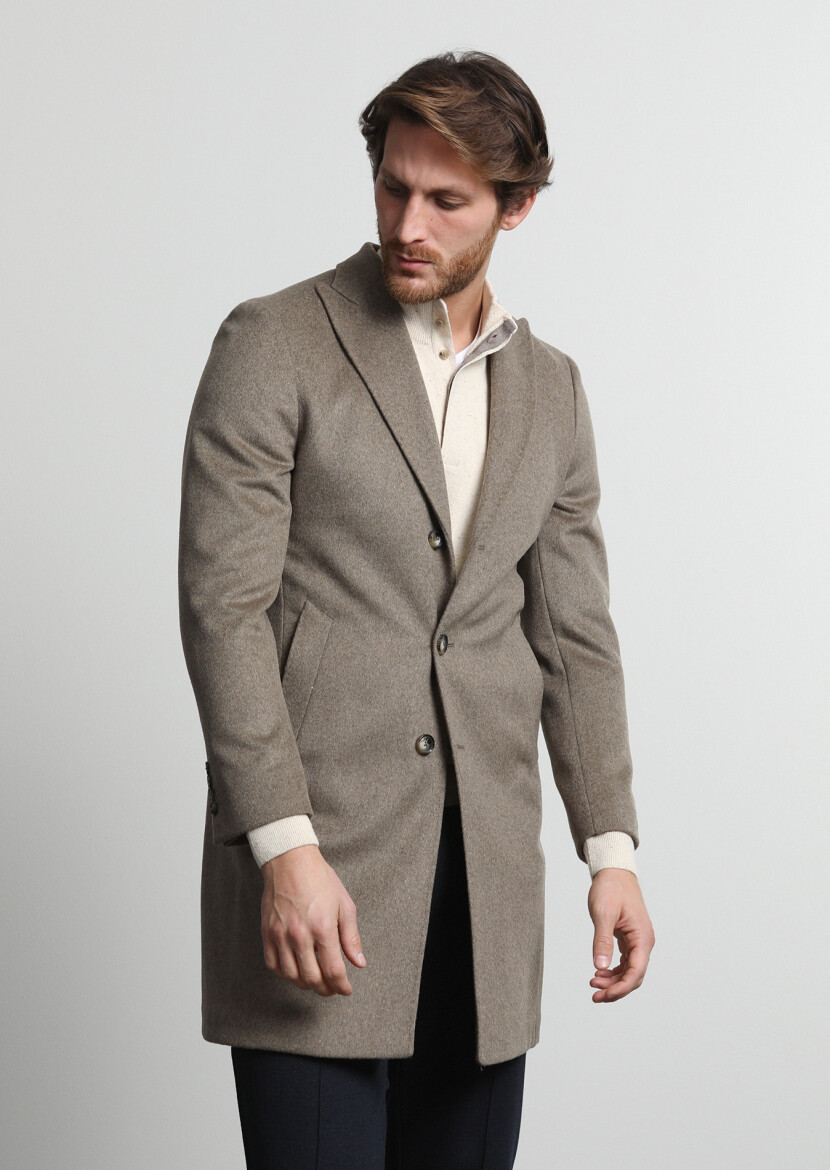 Bej Fitted Fit Kruvaze Yaka Casual Dokuma Palto - 3