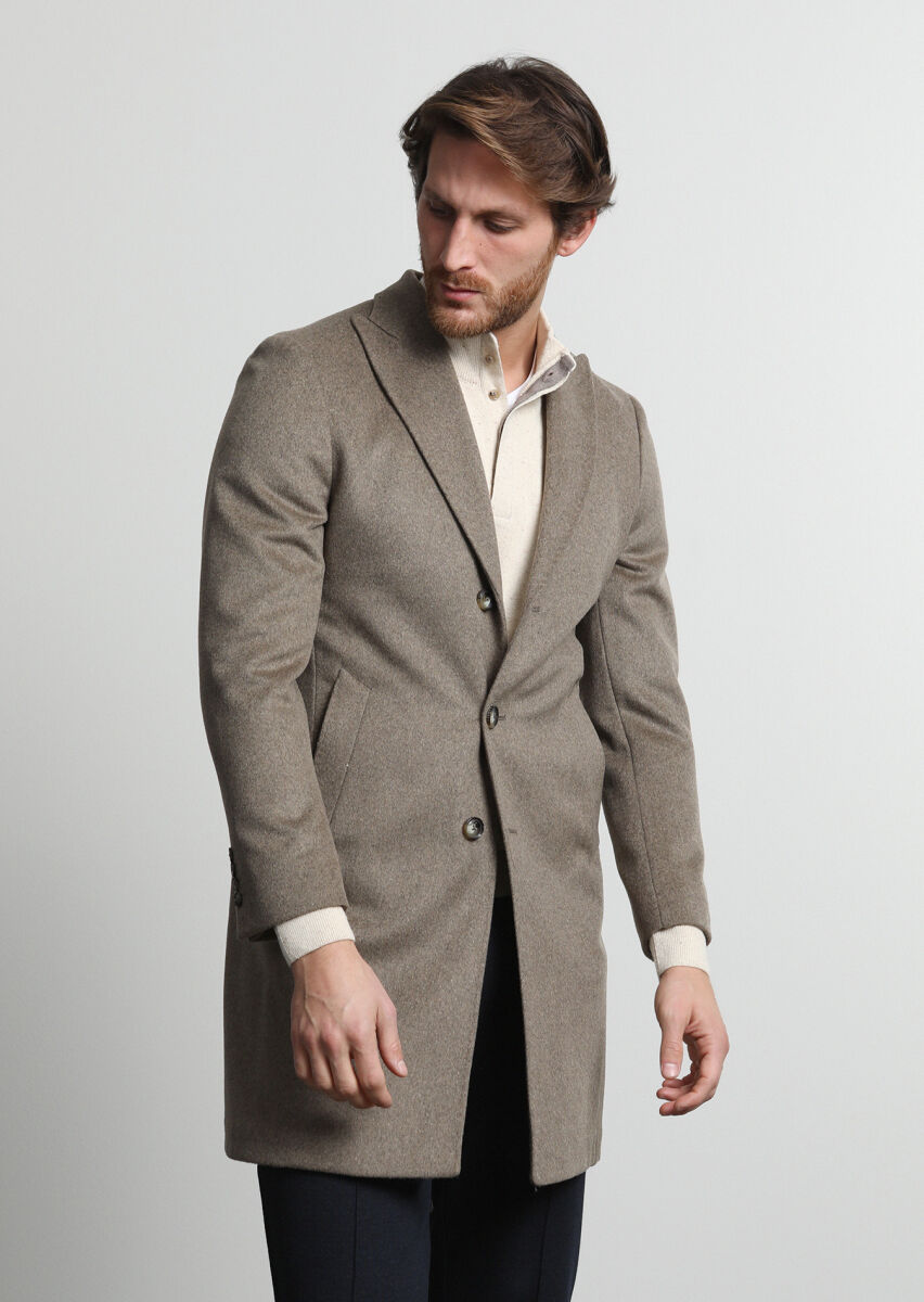 Bej Fitted Fit Kruvaze Yaka Casual Dokuma Palto - 3