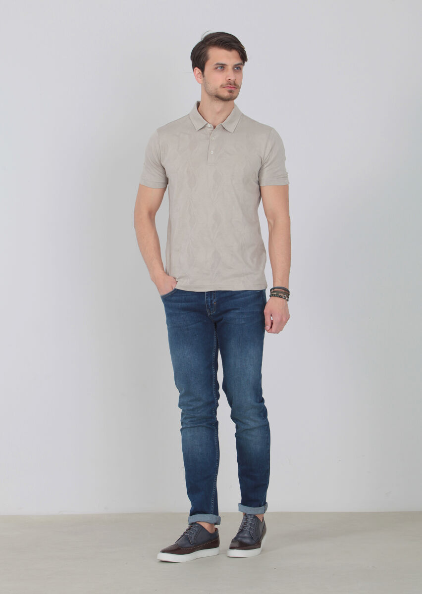 Bej Jakarlı Polo Yaka %100 Pamuk T-Shirt - 1
