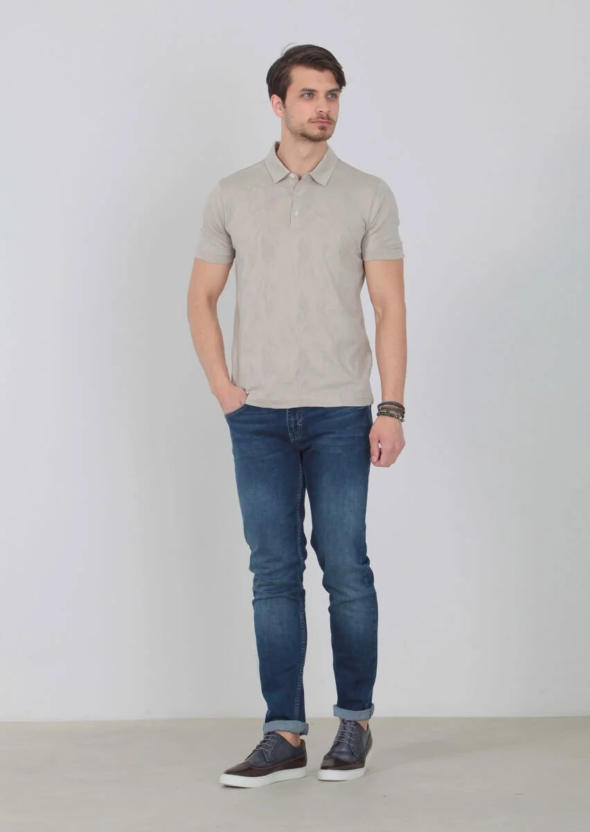 Bej Jakarlı Polo Yaka %100 Pamuk T-Shirt - 1