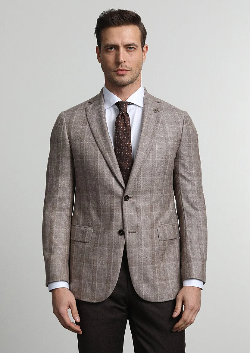 Bej Kareli Regular Fit %100 Kaşmir Ceket - 1