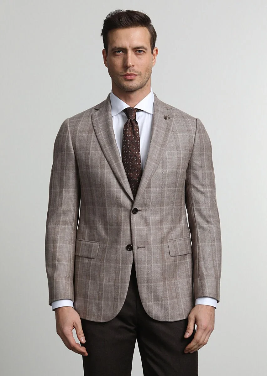 Bej Kareli Regular Fit %100 Kaşmir Ceket - 1