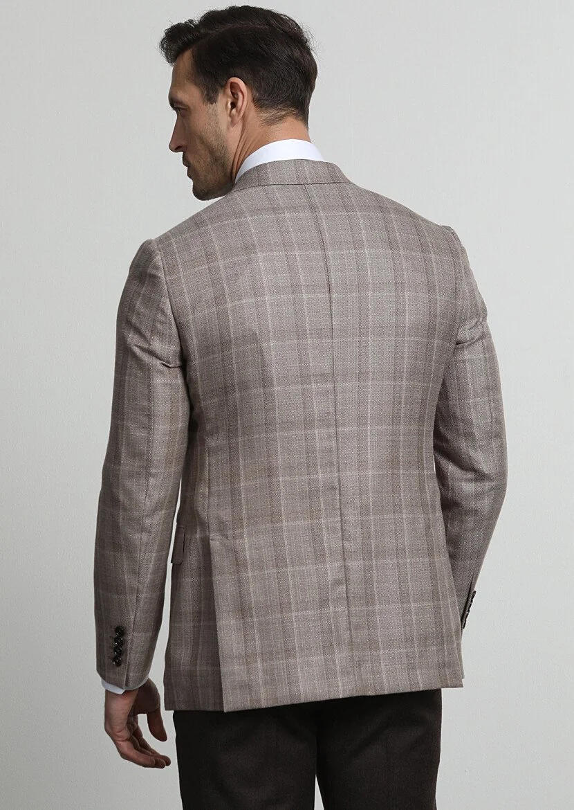 Bej Kareli Regular Fit %100 Kaşmir Ceket - 4