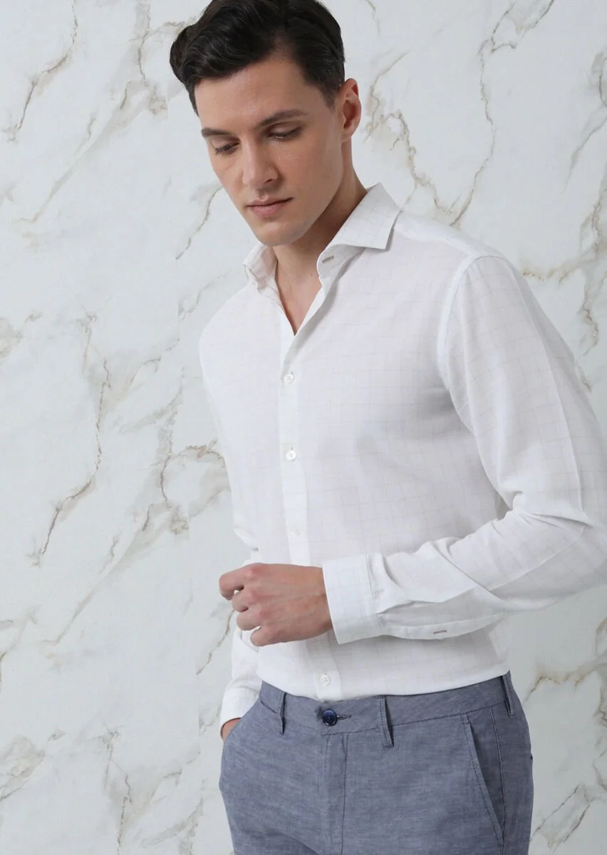 Bej Kareli Regular Fit Dokuma Casual %100 Pamuk Gömlek - 3