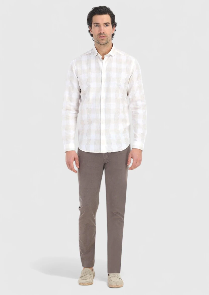 Bej Kareli Regular Fit Dokuma Casual Pamuk Karışımlı Gömlek - 1