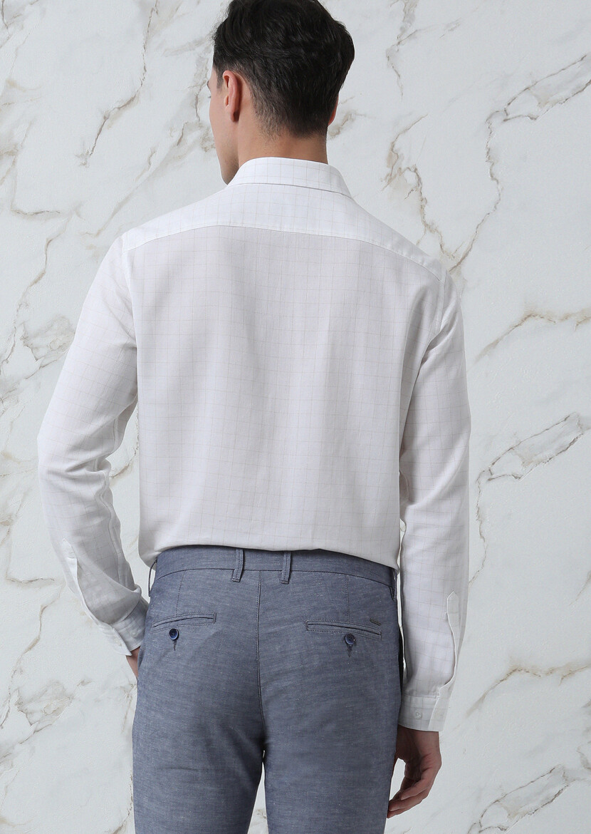 Bej Kareli Regular Fit Uzun Dokuma Casual %100 Pamuk Gömlek - 5