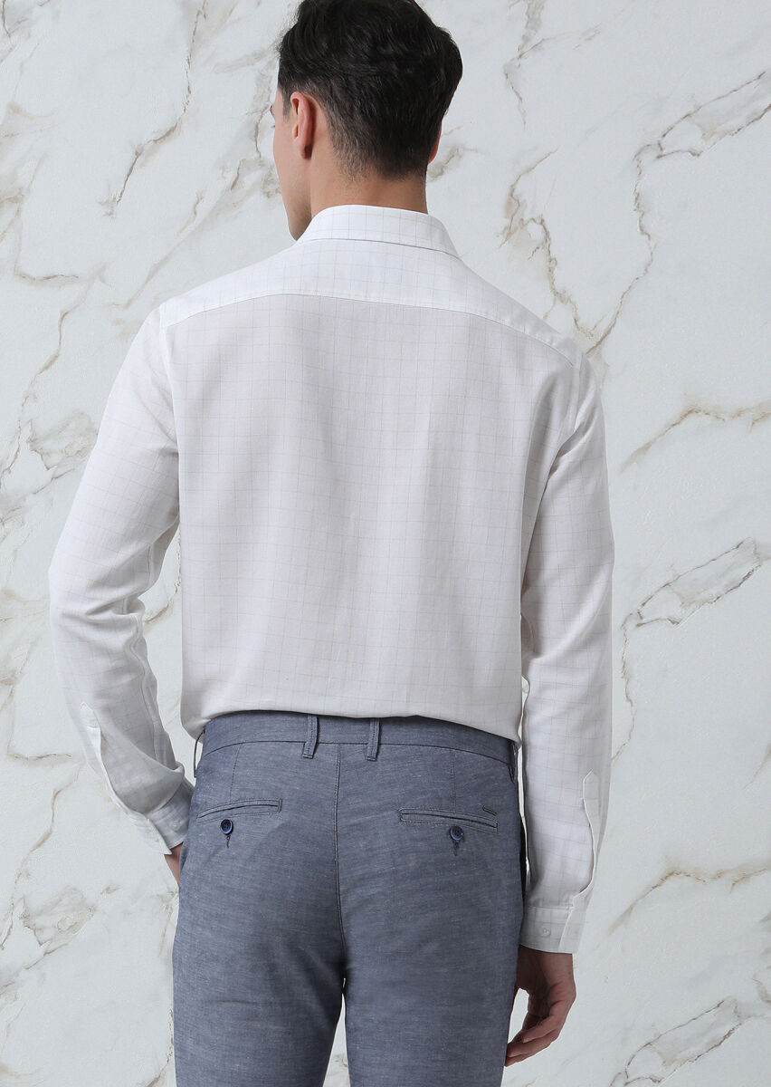 Bej Kareli Regular Fit Uzun Dokuma Casual %100 Pamuk Gömlek - 5