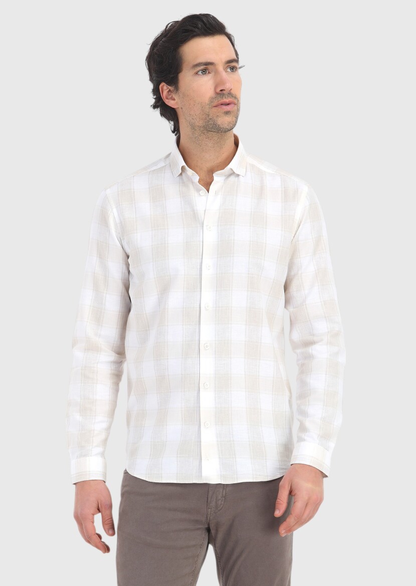Bej Kareli Regular Fit Uzun Dokuma Casual Pamuk Karışımlı Gömlek - 2