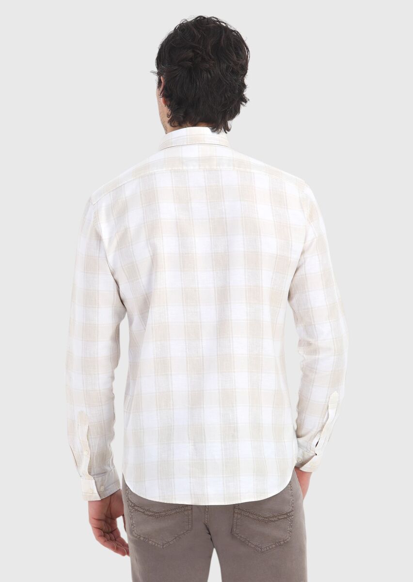 Bej Kareli Regular Fit Uzun Dokuma Casual Pamuk Karışımlı Gömlek - 4