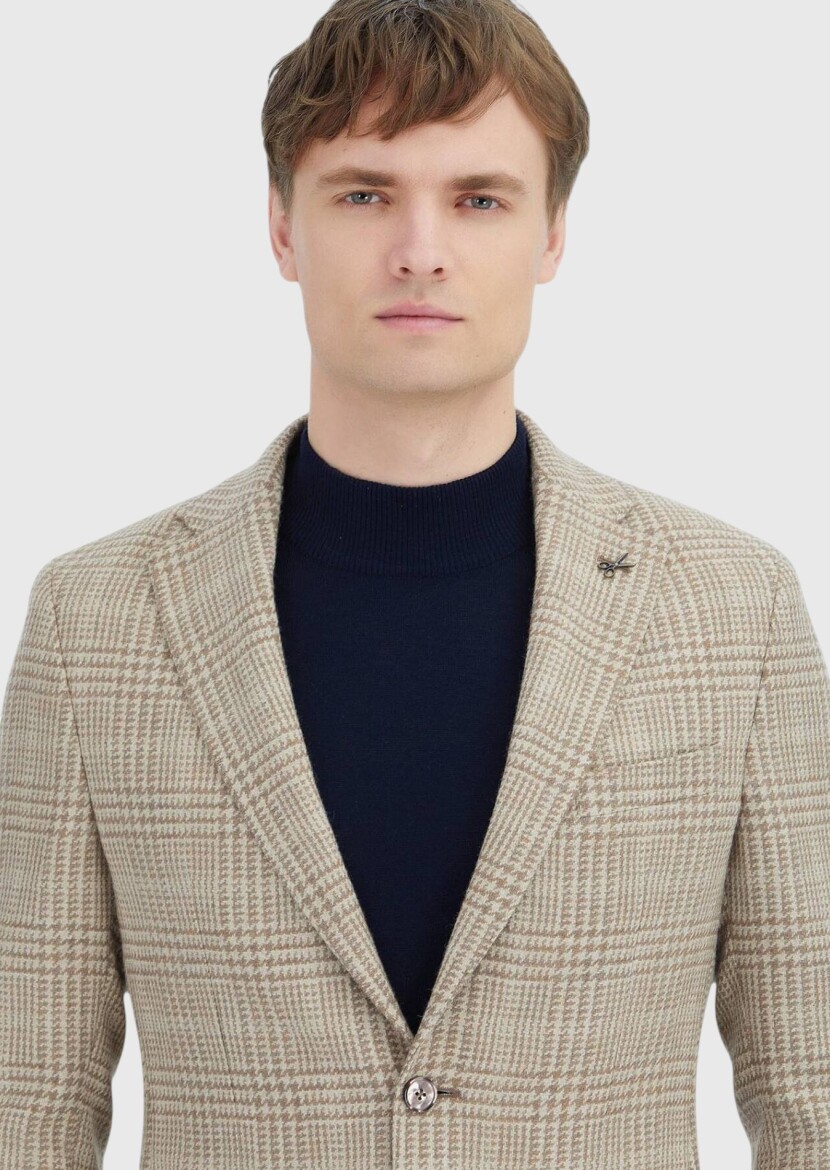 Bej Kareli Shirt Shoulder Slim Fit Yün Karışımlı Ceket - 4