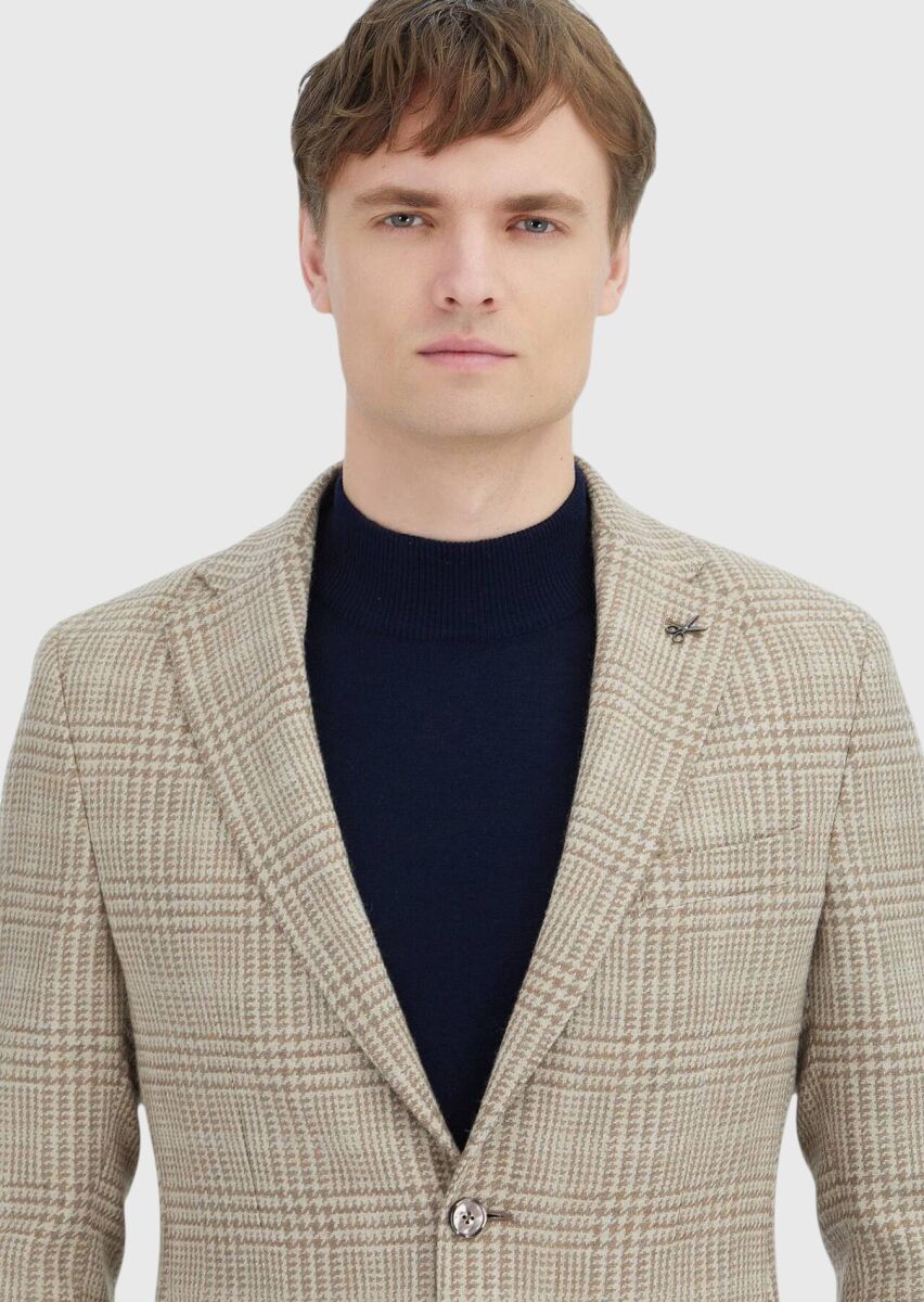 Bej Kareli Shirt Shoulder Slim Fit Yün Karışımlı Ceket - 4