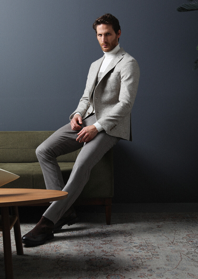 Bej Kareli Shirt Shoulder Slim Fit Yün Karışımlı Örme Ceket - 1