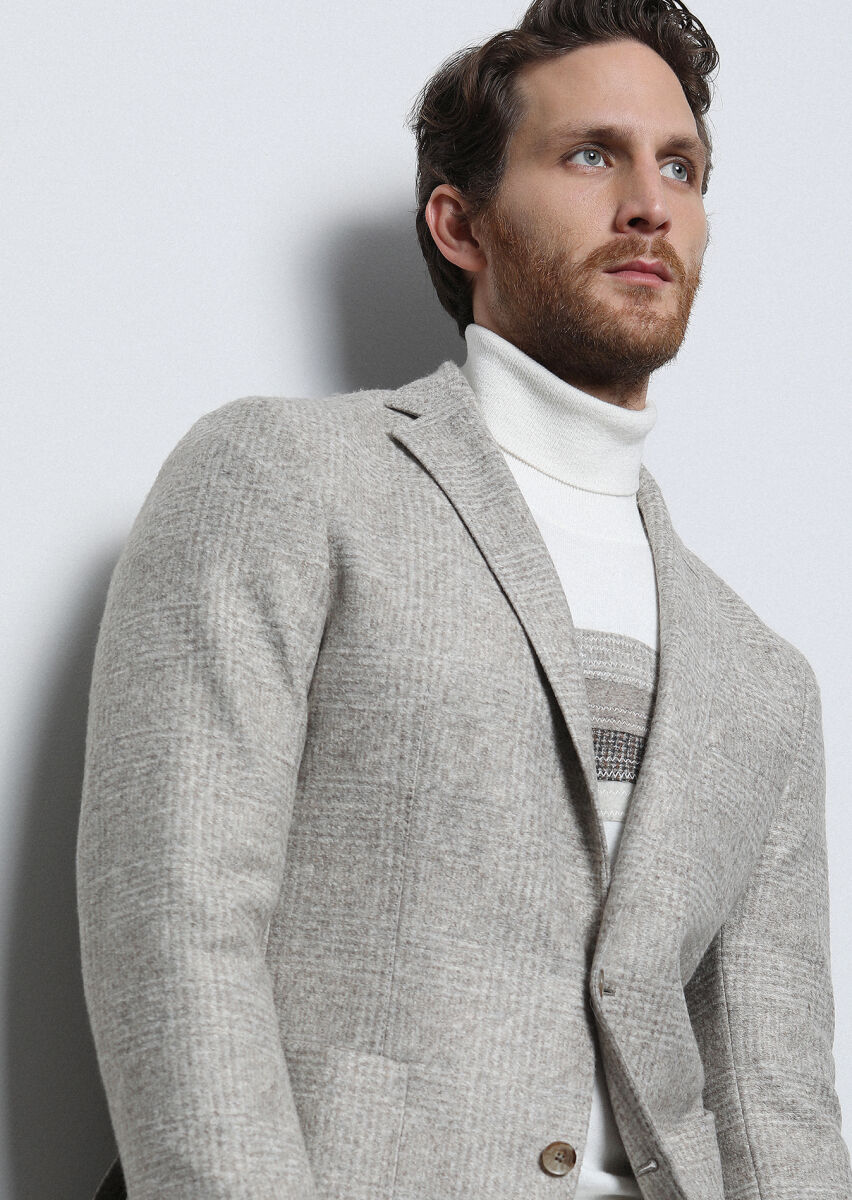 Bej Kareli Shirt Shoulder Slim Fit Yün Karışımlı Örme Ceket - 2