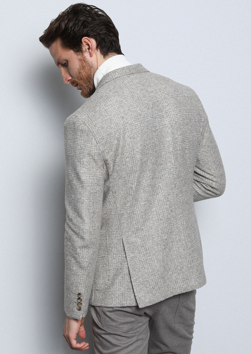 Bej Kareli Shirt Shoulder Slim Fit Yün Karışımlı Örme Ceket - 4