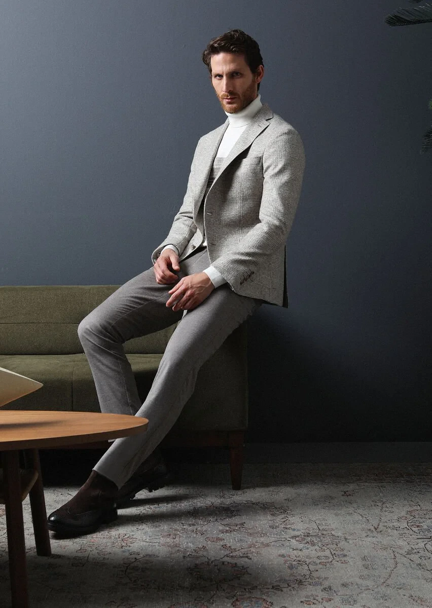 Bej Kareli Shirt Shoulder Slim Fit Yün Karışımlı Örme Ceket - 1
