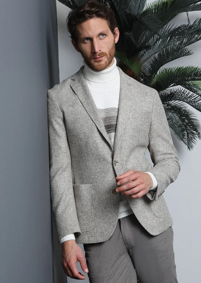 Bej Kareli Shirt Shoulder Slim Fit Yün Karışımlı Örme Ceket - 4