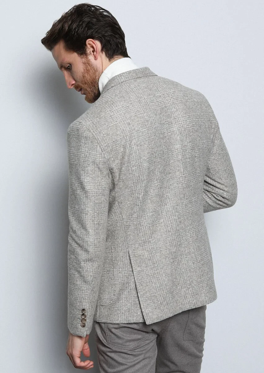 Bej Kareli Shirt Shoulder Slim Fit Yün Karışımlı Örme Ceket - 5