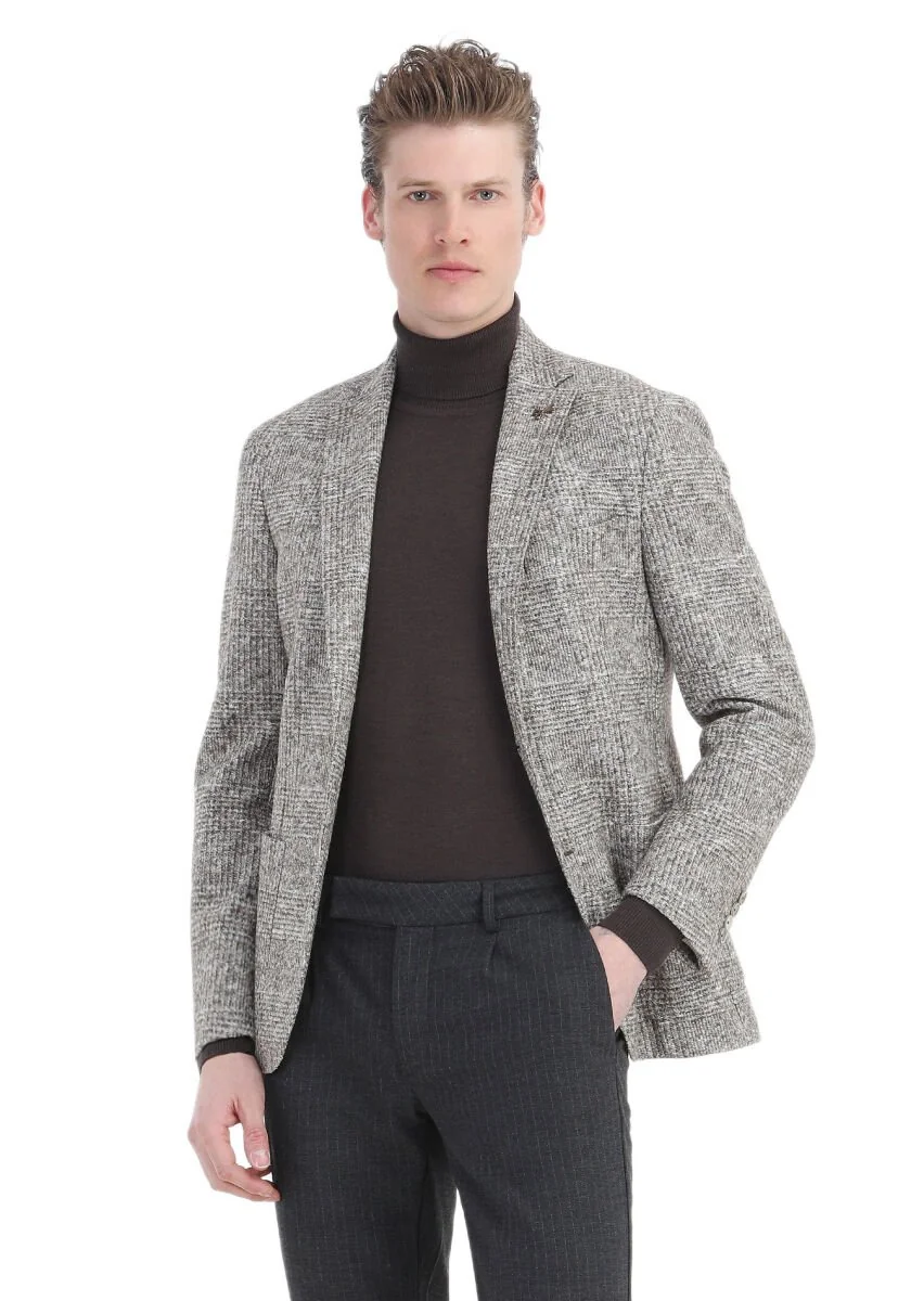 Bej Kareli Shirt Shoulder Slim Fit Yün Karışımlı Örme Ceket - 1