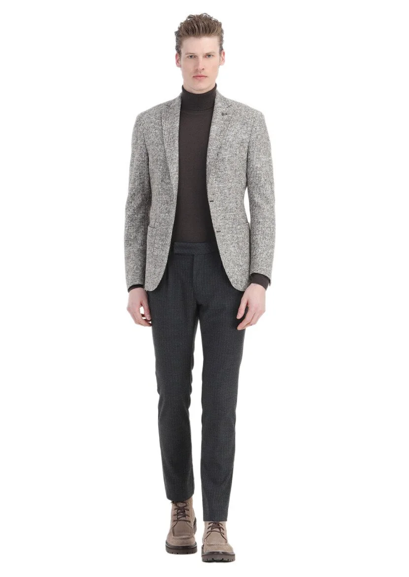 Bej Kareli Shirt Shoulder Slim Fit Yün Karışımlı Örme Ceket - 2